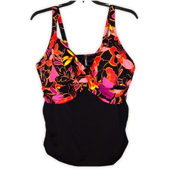 LANDS END Women’s Tankini Top Swimsuit Black & Floral Design Underwire Top - Picture 1 of 5